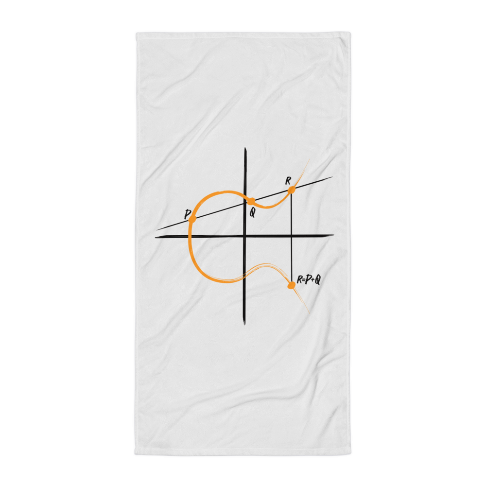 Front view of a white elliptic curve cryptography bitcoin towel.