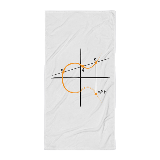 Front view of a white elliptic curve cryptography bitcoin towel.