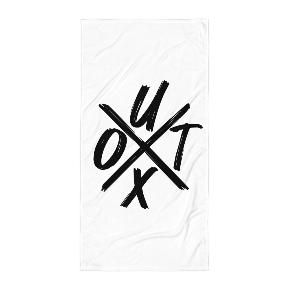 Front view of a white utxo bitcoin towel.