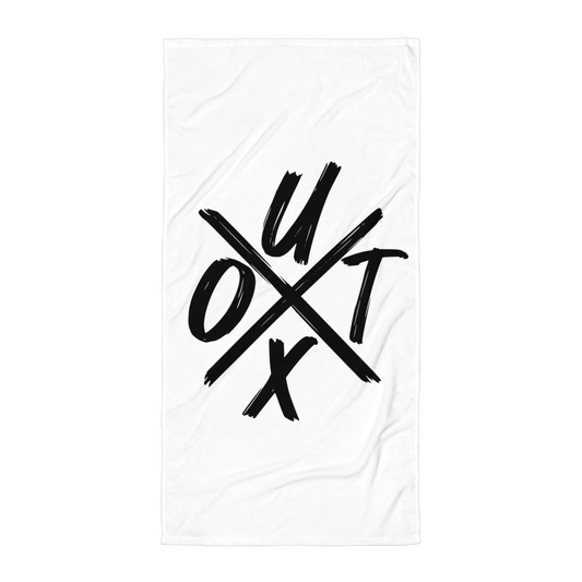 Front view of a white utxo bitcoin towel.