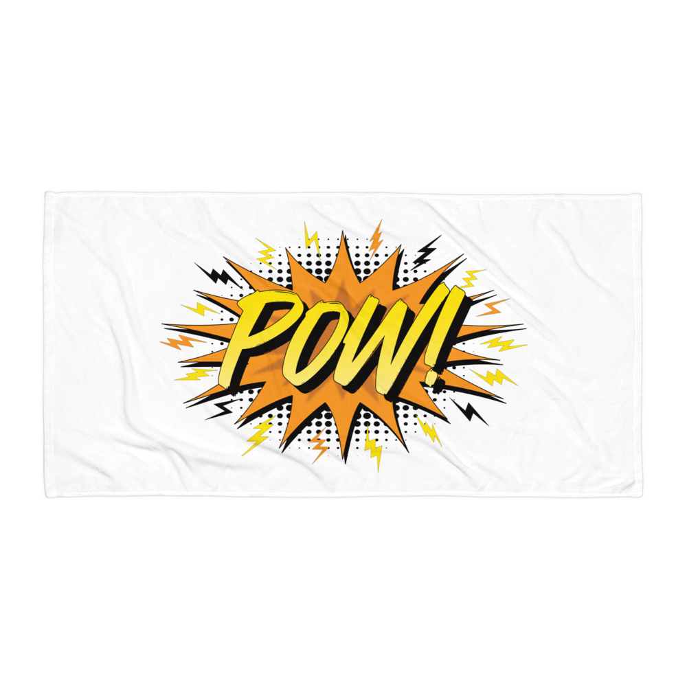 Front view of a white pow bitcoin towel.