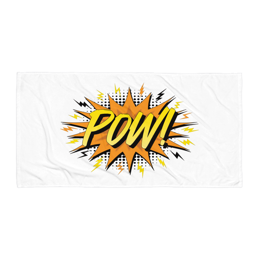 Front view of a white pow bitcoin towel.