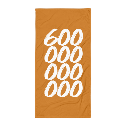 Front view of an orange 600000000000 bitcoin towel.