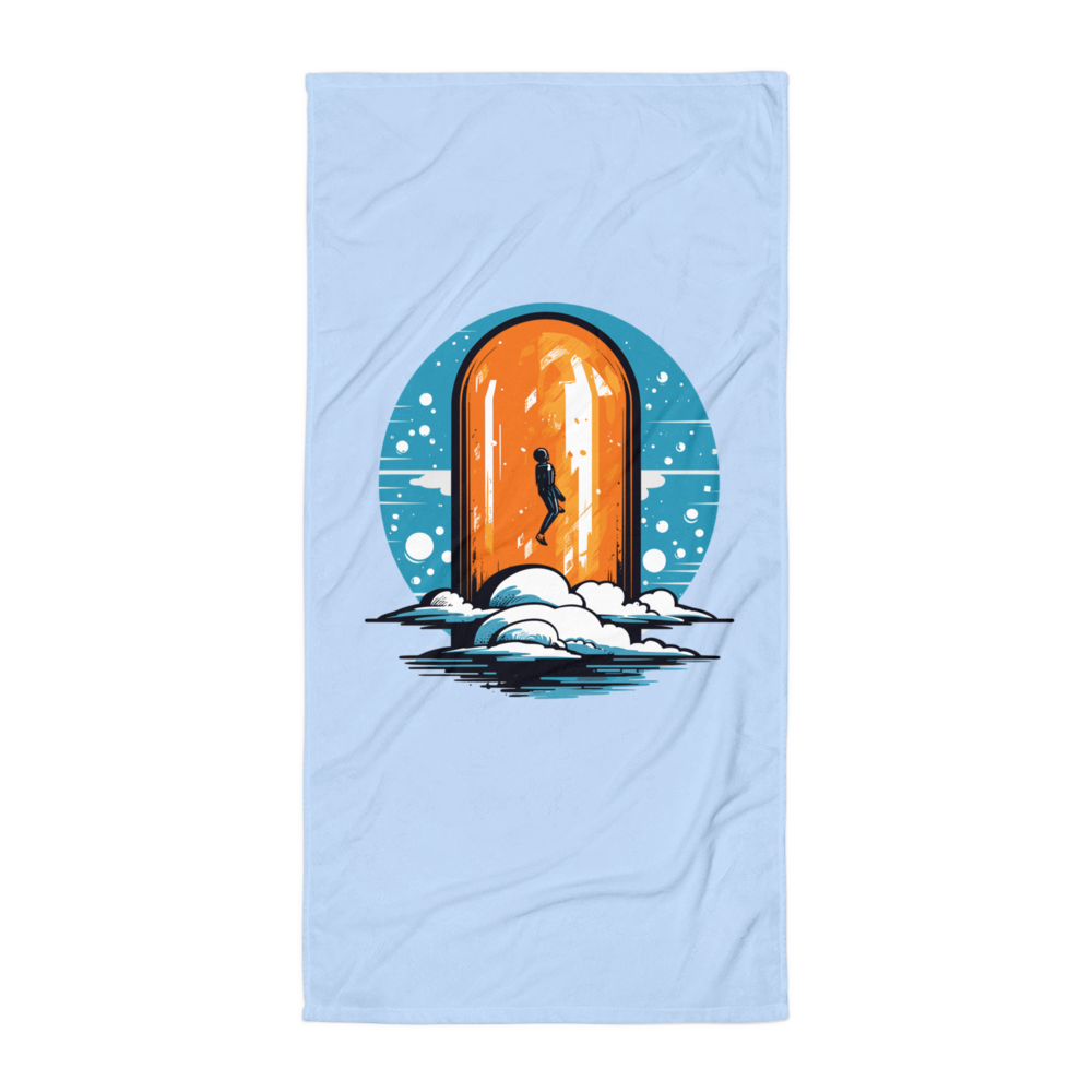 Front view of a light blue orange pill bitcoin towel.