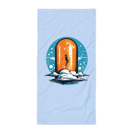 Front view of a light blue orange pill bitcoin towel.