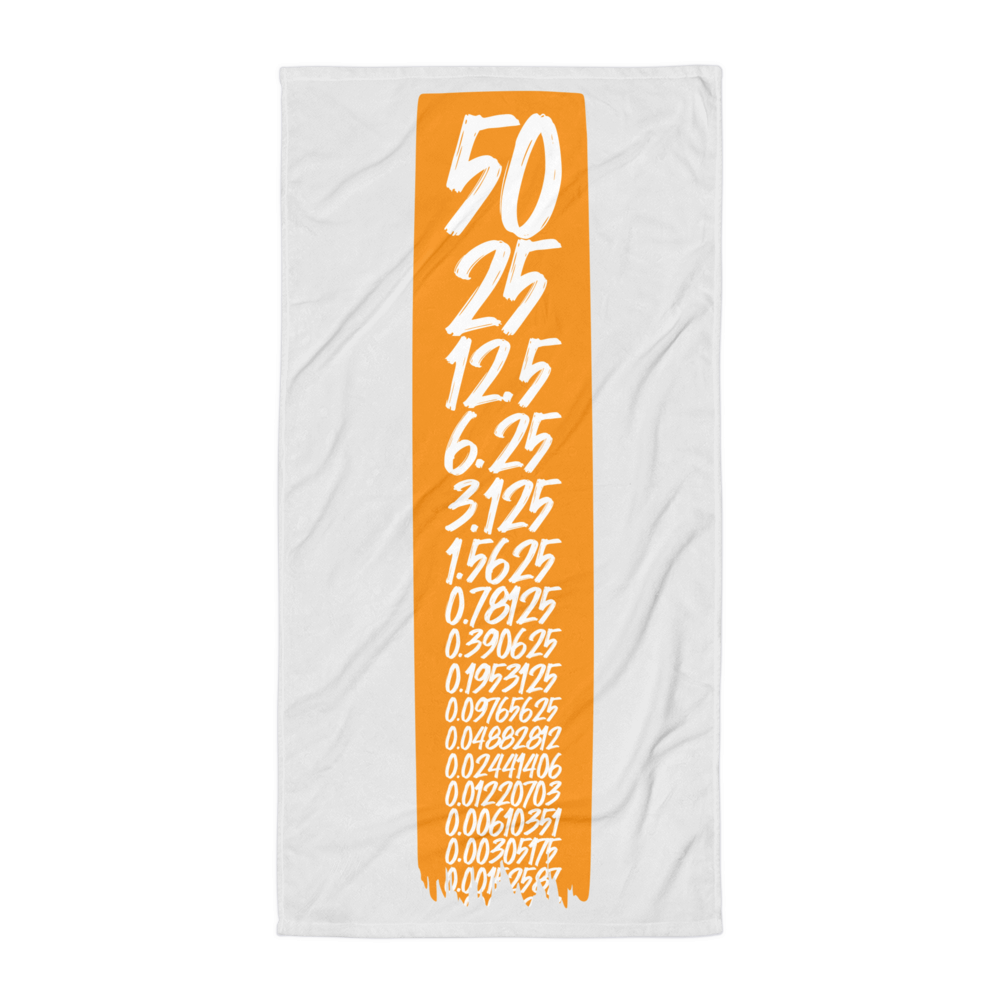 Front view of a white halving bitcoin towel