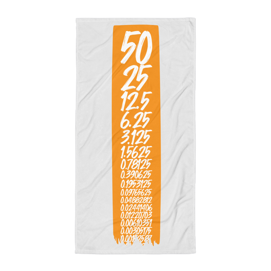 Front view of a white halving bitcoin towel