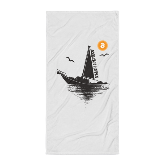 Front view of a white accidents happen bitcoin towel.