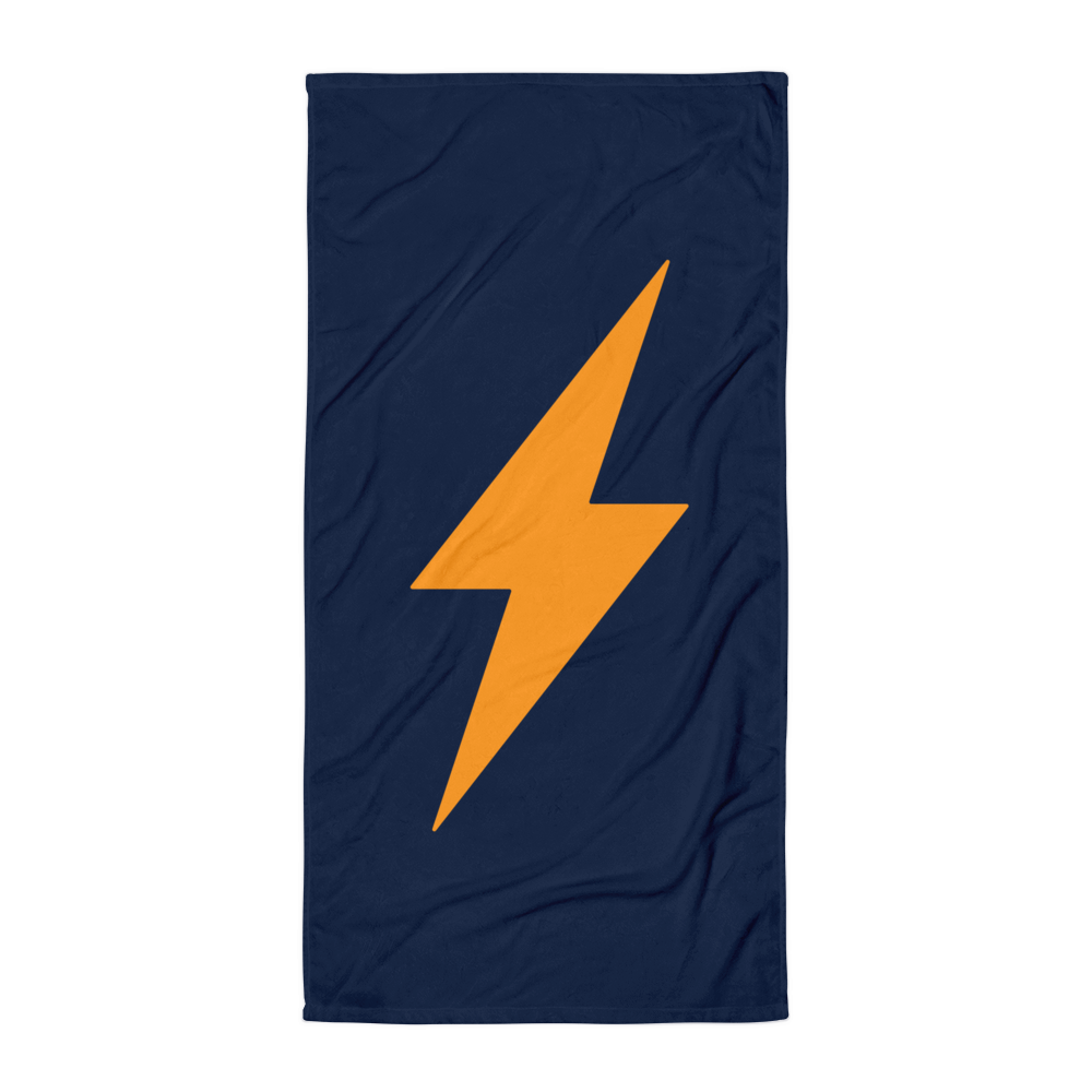 Front view of a nevy blue lightning bitcoin towel.