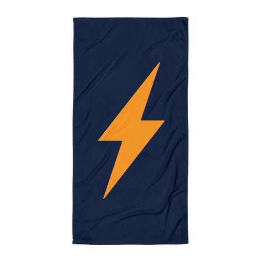 Front view of a nevy blue lightning bitcoin towel.