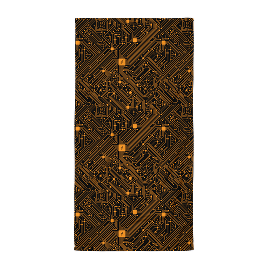 Front view of a black circuit board bitcoin towel.