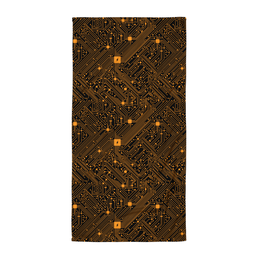Front view of a black circuit board bitcoin towel.