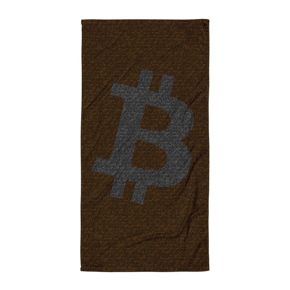 Front view of a black bitcoin binary bitcoin towel.