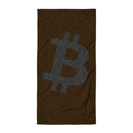 Front view of a black bitcoin binary bitcoin towel.