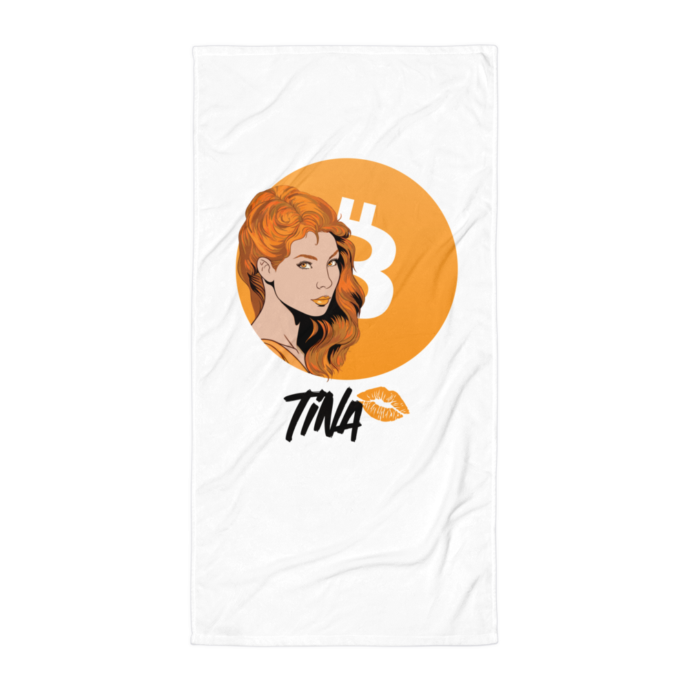 Front view of a white TINA bitcoin towel.