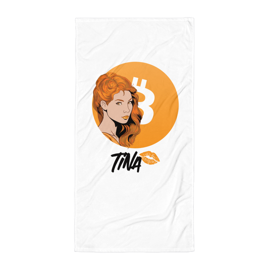 Front view of a white TINA bitcoin towel.