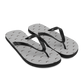 Side view of a pair of silver and black bitcoin flip flops.