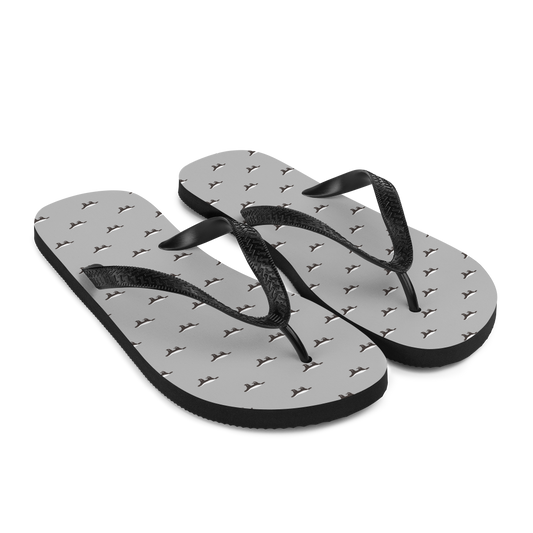 Side view of a pair of silver and black bitcoin flip flops.