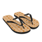 Side view of a pair of orange and black bitcoin flip flops.