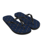 Side view of a pair of navy blue and black bitcoin flip flops.