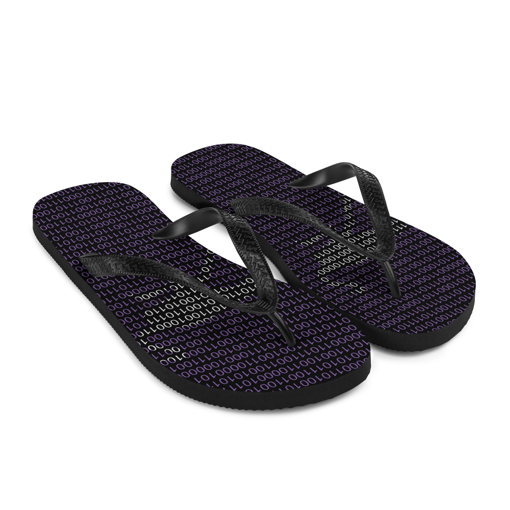 Side view of a pair of black nostr flip flops.