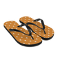 Side view of a pair of orange and black bitcoin flip flops.