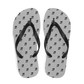 Top view of a pair of silver and black bitcoin flip flops.