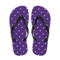 Top view of a pair of purple and black nostr flip flops.