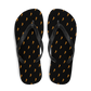 Top view of a pair of black bitcoin flip flops.