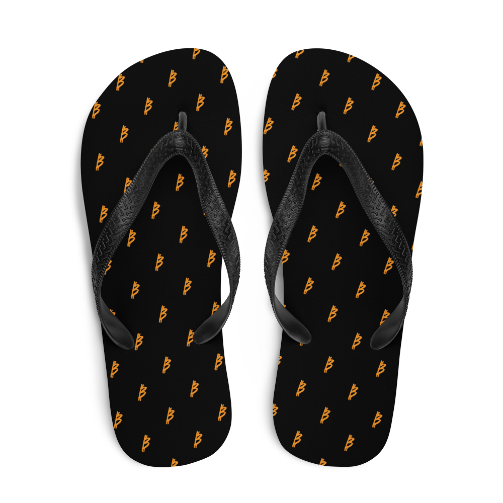 Top view of a pair of black bitcoin flip flops.