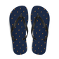 Top view of a pair of navy blue and black bitcoin flip flops.