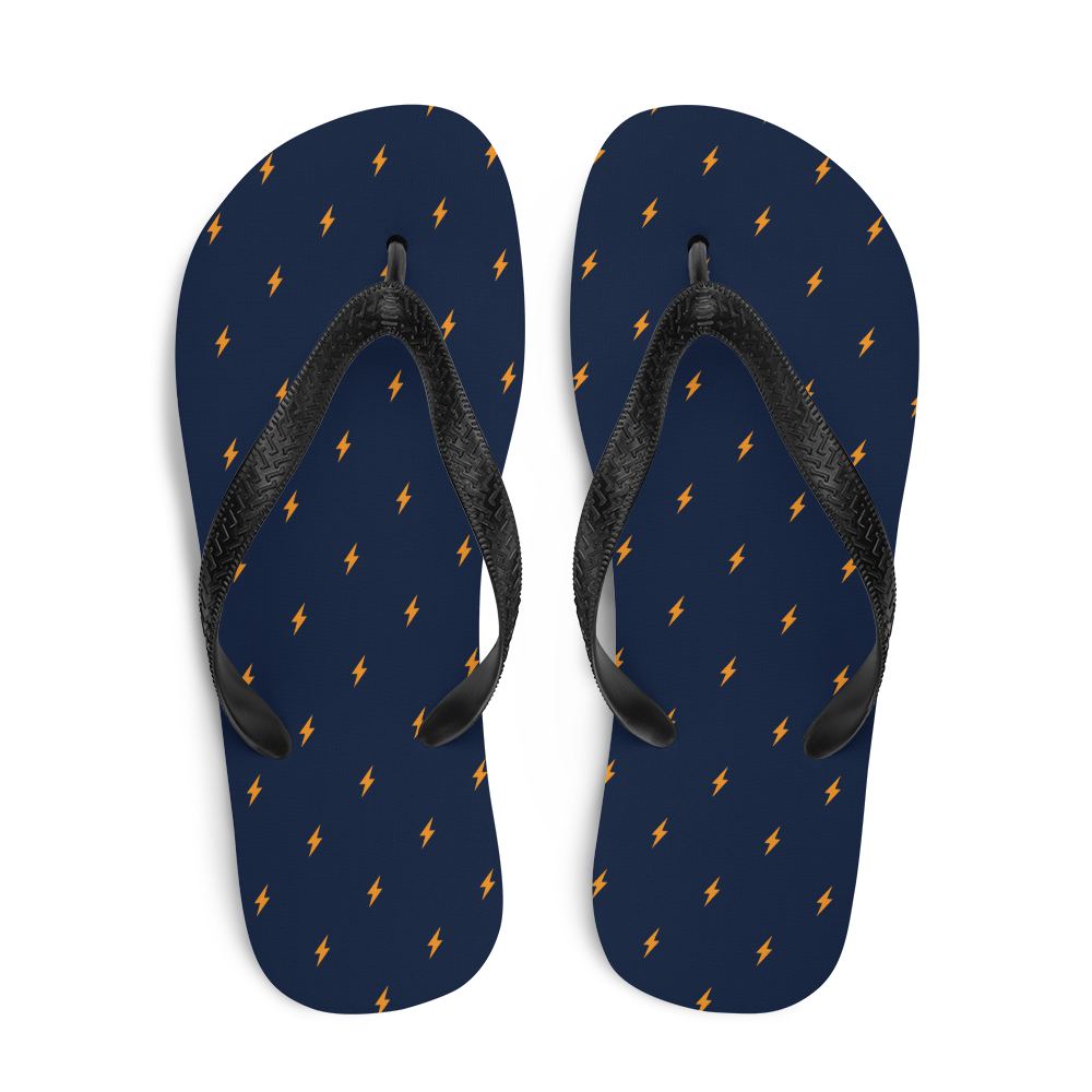 Top view of a pair of navy blue and black bitcoin flip flops.