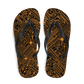 Top view of a pair of black bitcoin flip flops.