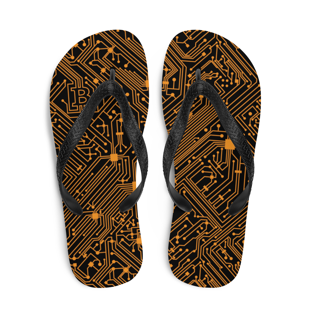 Top view of a pair of black bitcoin flip flops.