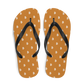 Top view of a pair of orange and black bitcoin flip flops.