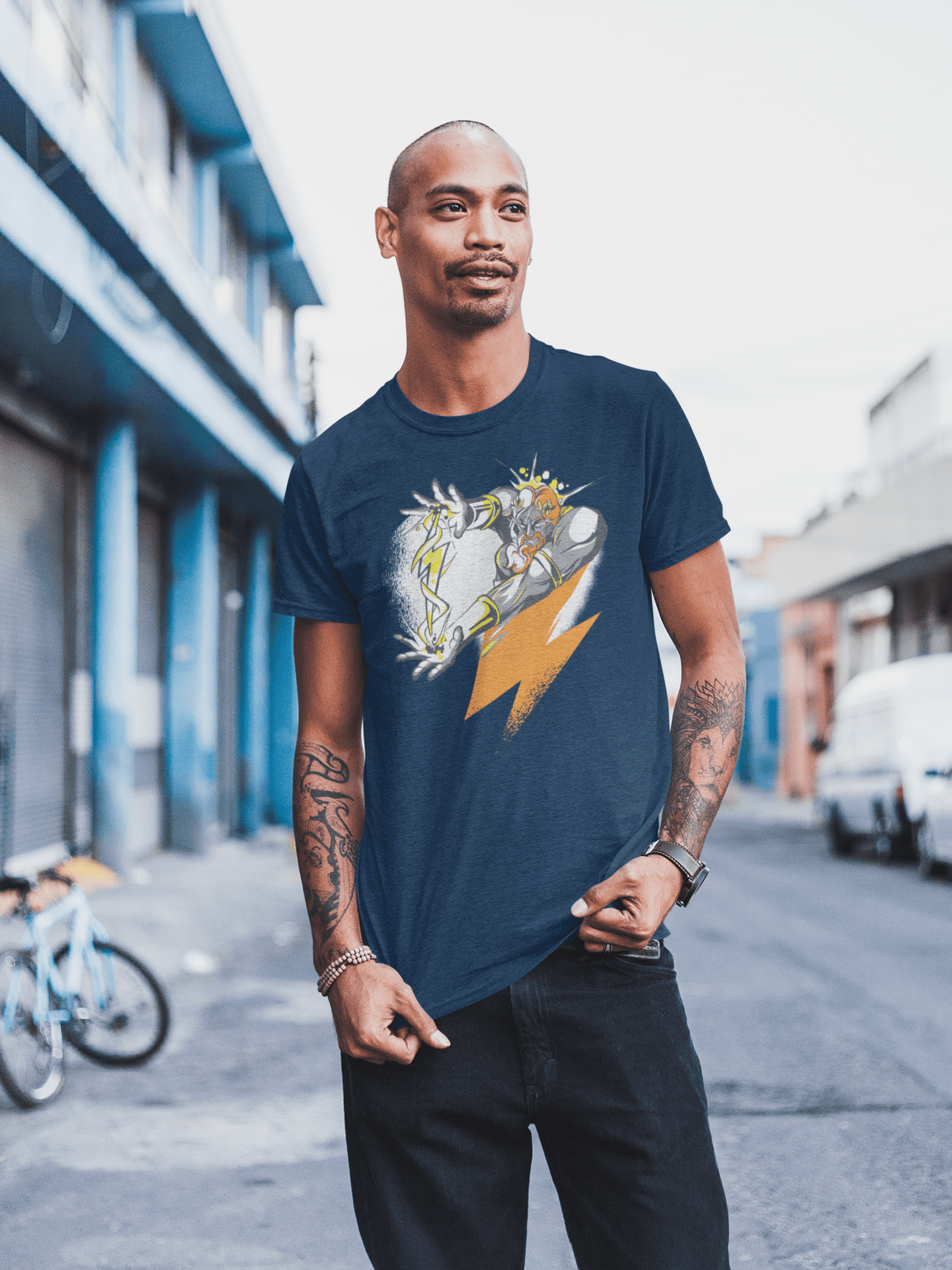 Cool tattooed man posing on the street wearing a navy colored bitcoin t-shirt.