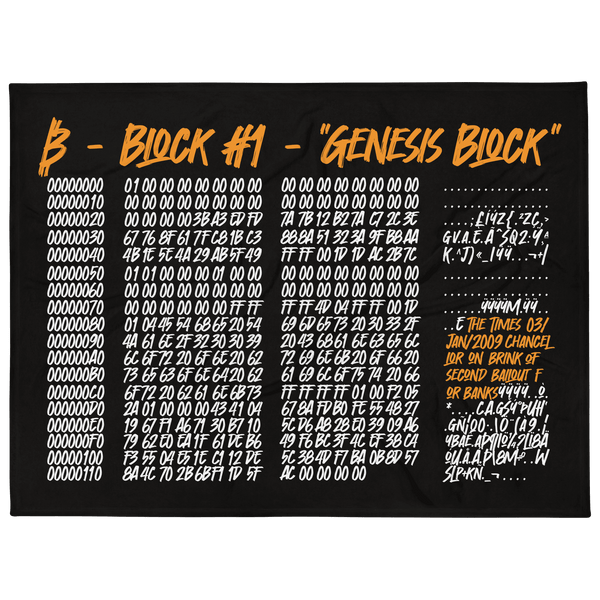 Genesis Block bitcoin throw blanket with soft silk touch fabric and white reverse side