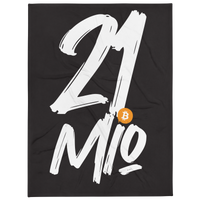 21 Million bitcoin throw blanket, front view: 21 Mio. in large white brush lettering on black, the dot replaced by a small orange bitcoin coin, printed across the blanket.
