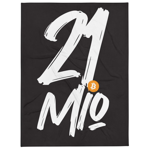 21 Million bitcoin throw blanket, front view: 21 Mio. in large white brush lettering on black, the dot replaced by a small orange bitcoin coin, printed across the blanket.