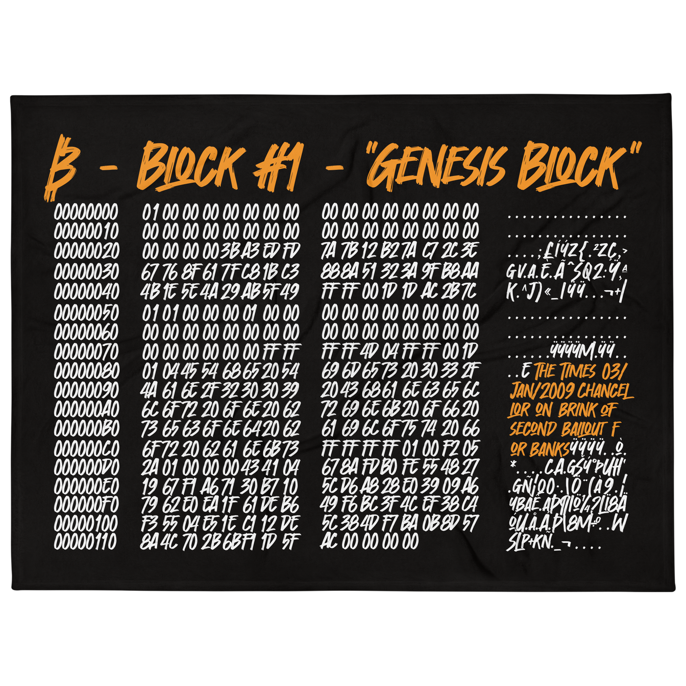 Genesis Block bitcoin throw blanket, front view: the headline Block #1 Genesis Block in orange above the raw hex dump of the first bitcoin block, the embedded Times headline picked out in orange, printed across the blanket.