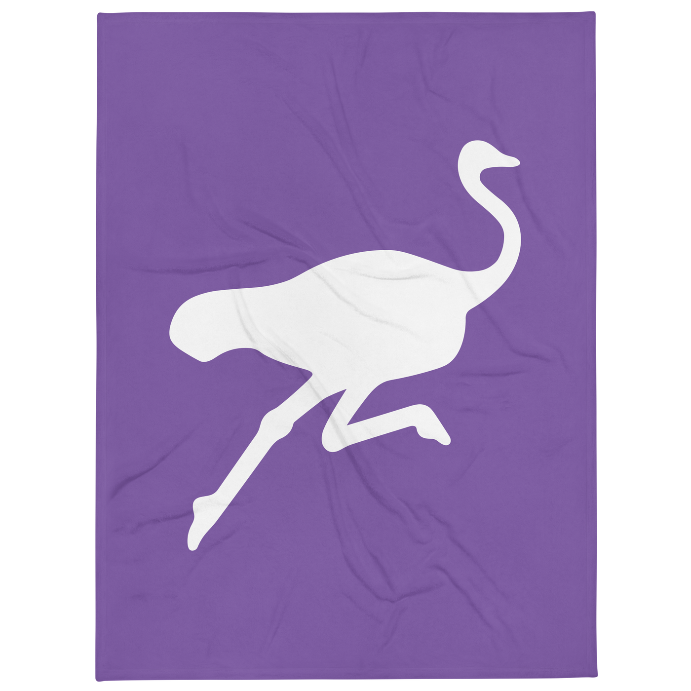 Nostrich nostr throw blanket, front view: a white running ostrich silhouette on purple, printed across the blanket.