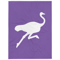 Nostrich nostr throw blanket, front view: a white running ostrich silhouette on purple, printed across the blanket.