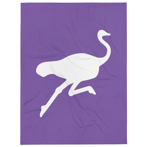 Nostrich nostr throw blanket, front view: a white running ostrich silhouette on purple, printed across the blanket.