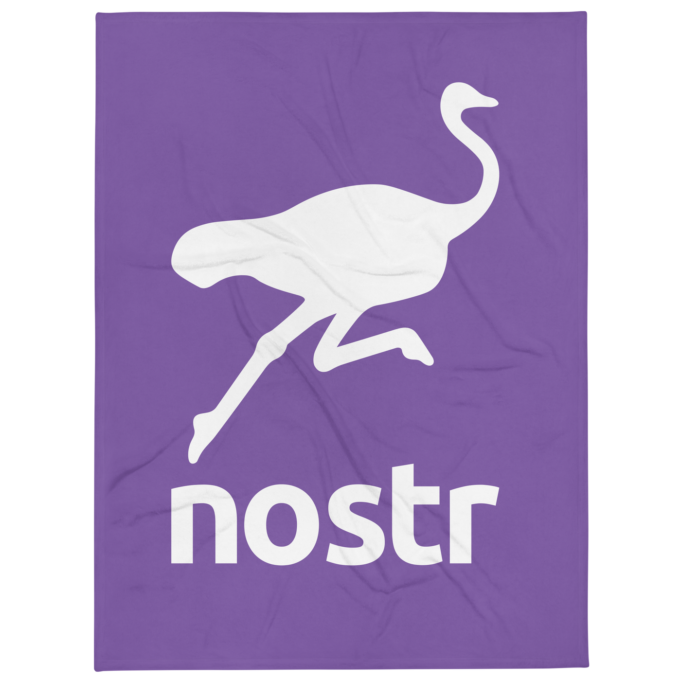 Nostr throw blanket, front view: a white running ostrich above the lowercase nostr wordmark on purple, printed across the blanket.