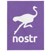 Nostr throw blanket, front view: a white running ostrich above the lowercase nostr wordmark on purple, printed across the blanket.