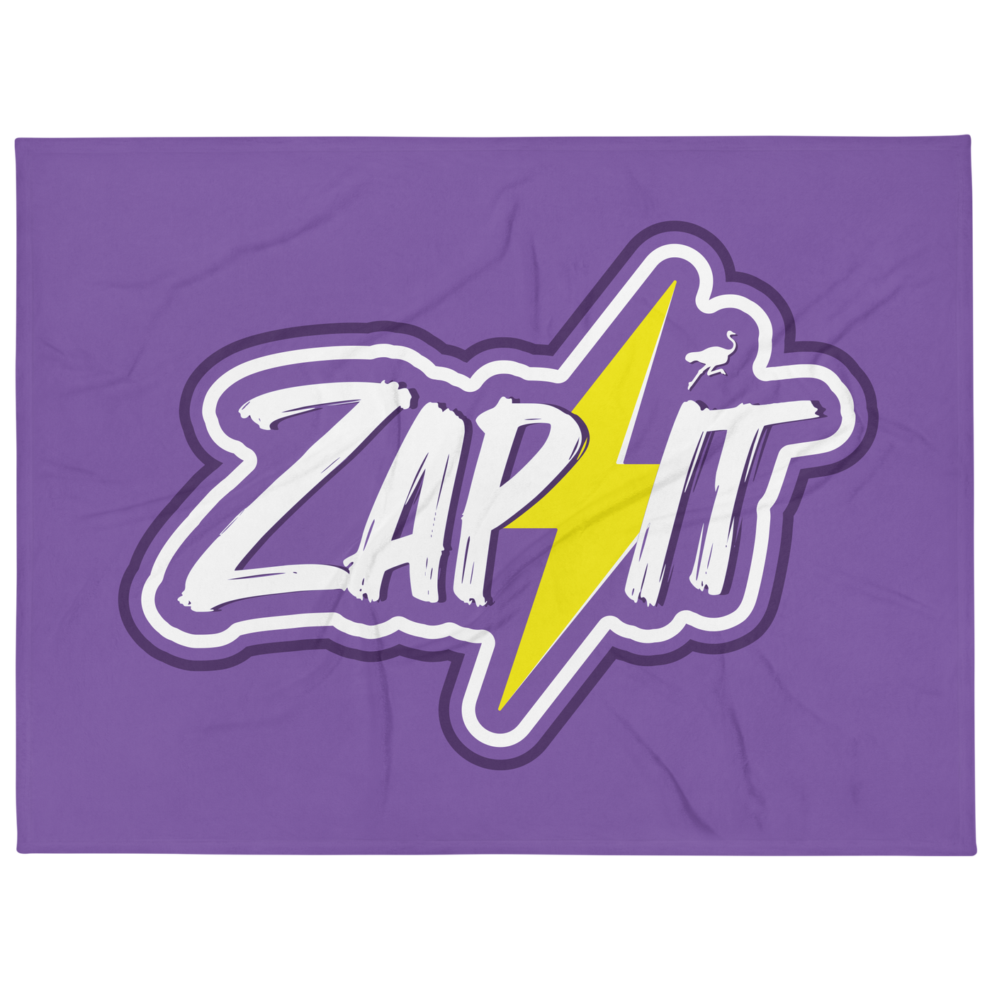 Zap It nostr throw blanket, front view: ZAP IT in white brush lettering on purple, split by a yellow lightning bolt with a small ostrich perched on it, printed across the blanket.