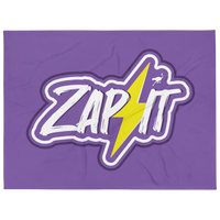 Zap It nostr throw blanket, front view: ZAP IT in white brush lettering on purple, split by a yellow lightning bolt with a small ostrich perched on it, printed across the blanket.