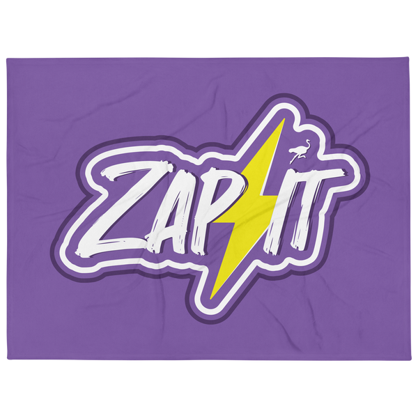 Zap It nostr throw blanket, front view: ZAP IT in white brush lettering on purple, split by a yellow lightning bolt with a small ostrich perched on it, printed across the blanket.