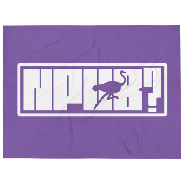 nPub? nostr throw blanket, front view: nPub? in white block letters inside an outlined box on purple, the letter u formed by an ostrich silhouette, printed across the blanket.