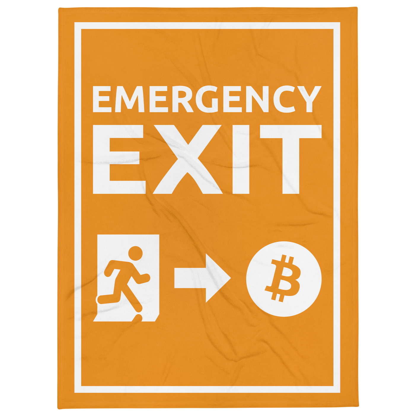 Emergency Exit bitcoin throw blanket, front view: an emergency exit sign in orange and white, the running figure heading through the doorway and an arrow pointing to a bitcoin coin, printed across the blanket.